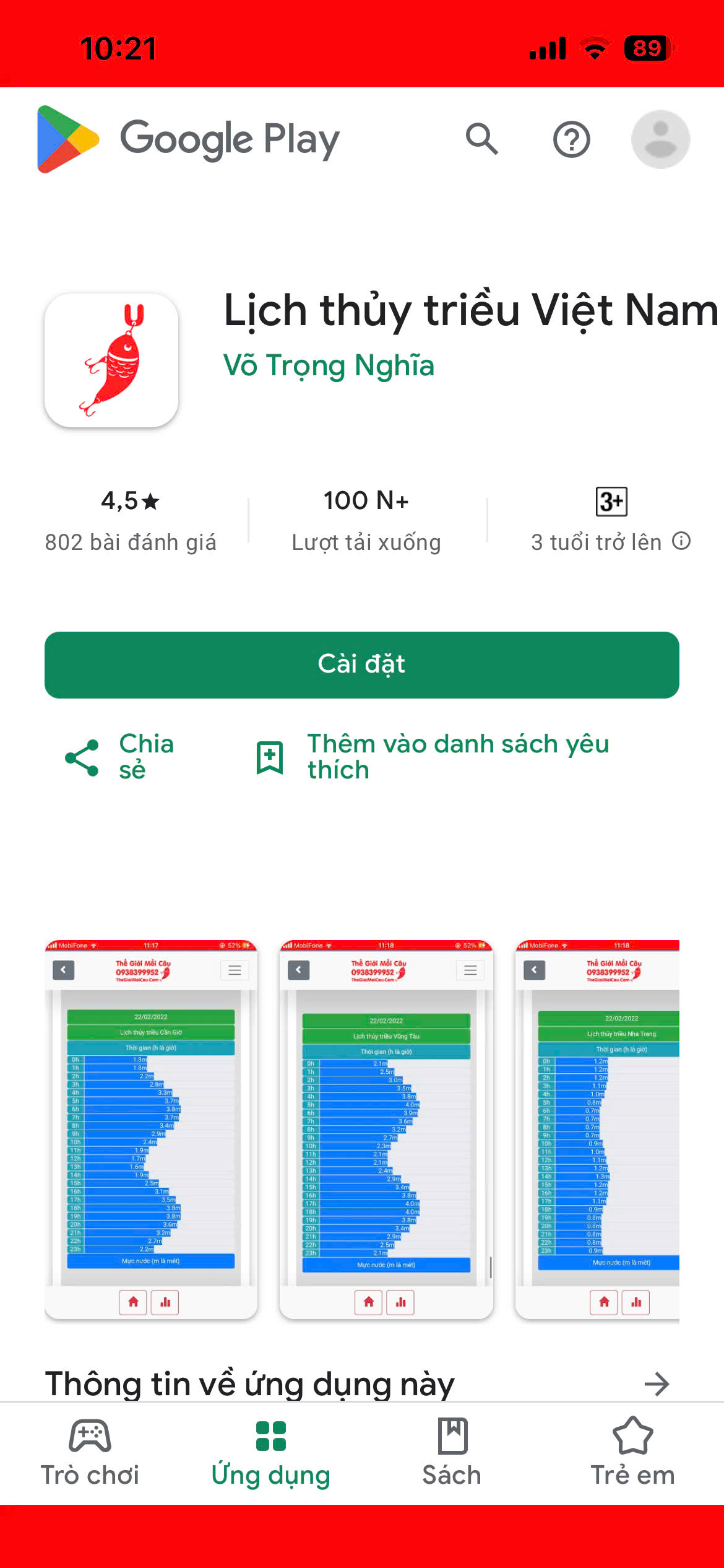 Ứng dụng lịch thủy triều Việt Nam hơn 100.000 lượt tải xuống